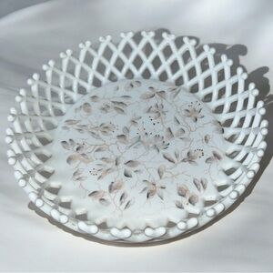 Vintage Westmoreland Floral Milk Glass Lattice Fruit Bowl